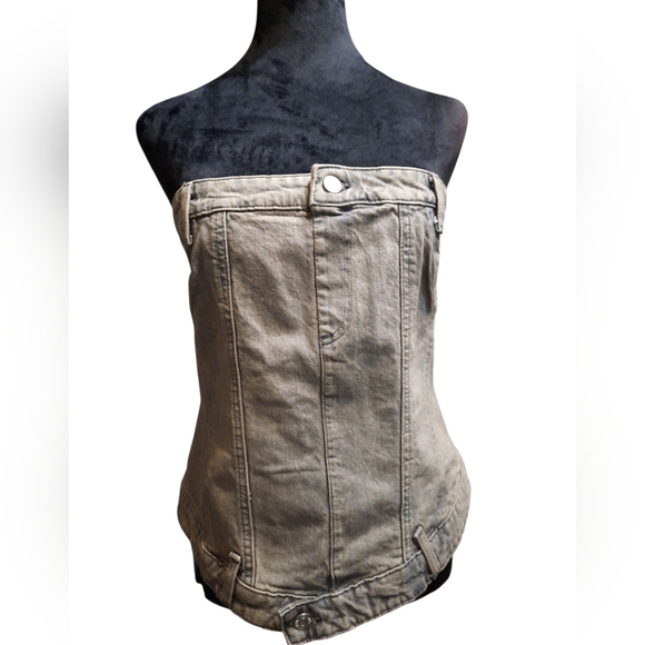 NWT Zara Blue Denim  Tan Strapless Denim Corset XL - Picture 1 of 9
